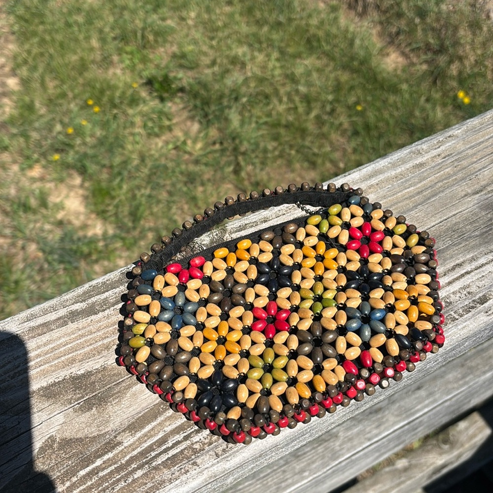 Suzanne Brand Beaded Floral Pattern Clutch Bag - Vintage 1930-1940  Wooden Beads